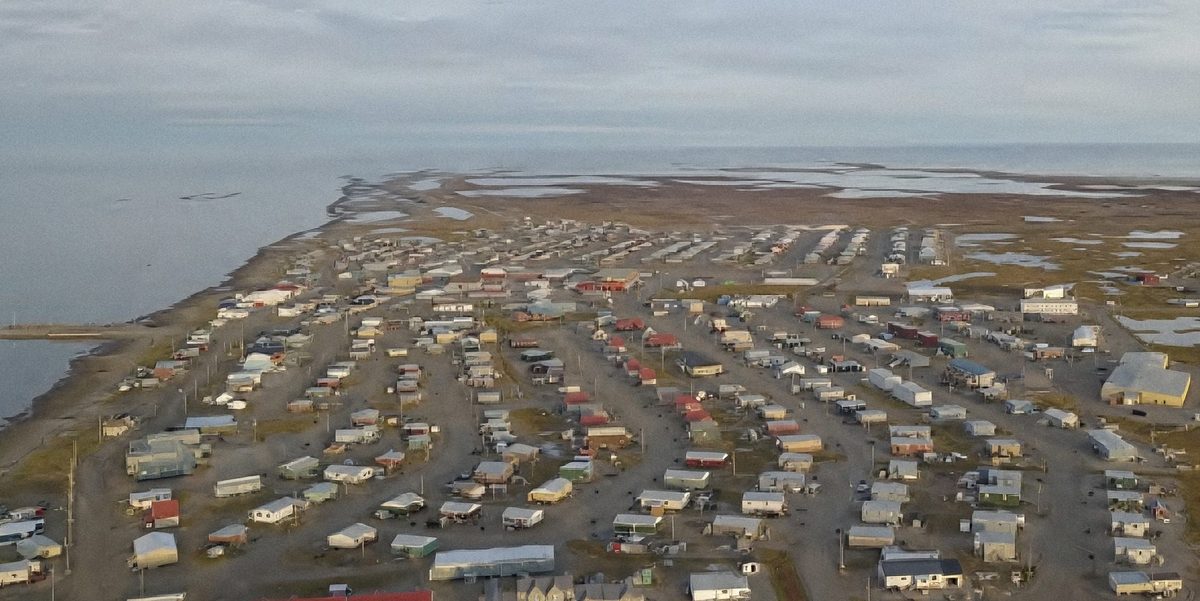 Aerial view of a Kivalliq community in Nunavut on the coast.